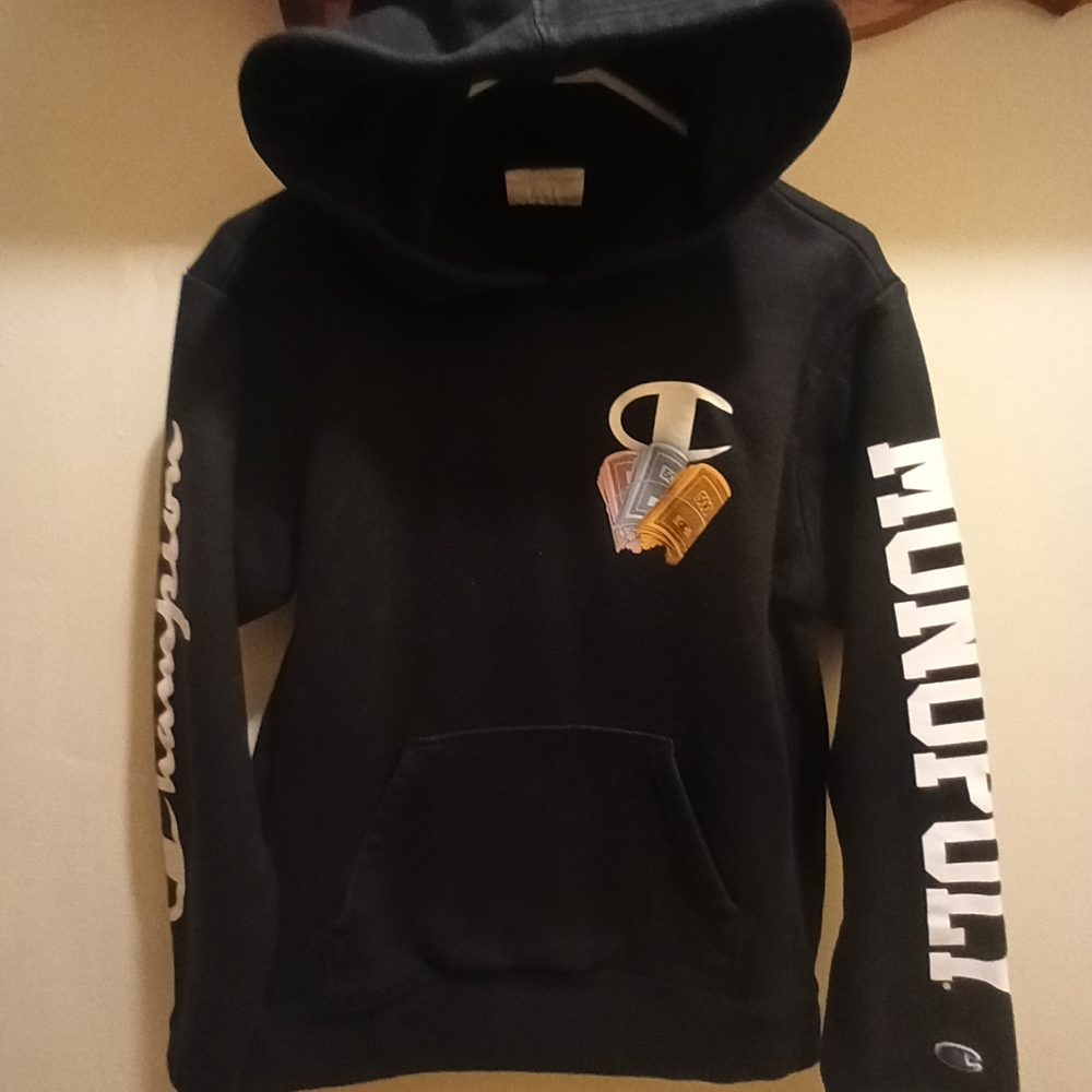 STILL AVAILABLE!!!RARE!!!!Champion Black Hoodie with Monopoly Design RARE!!!!!